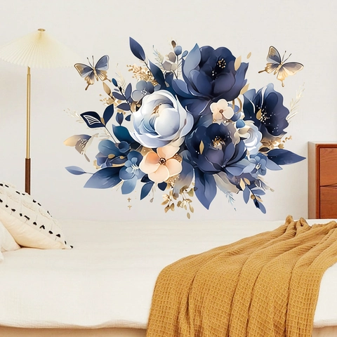 Blaue Pfingstrose Blume Wandtattoo Abnehmbare PVC Wasserdichte Florale Schmetterling Wandaufkleber Für Schlafzimmer Dekor