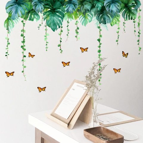 Tropical Green Monstera Leaves Vine Butterfly Wall Sticker Watercolor Waterproof PVC Wall Decal For Living Room Home Decor
