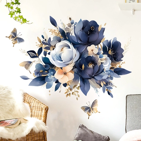 Blaue Pfingstrose Blume Wandtattoo Abnehmbare PVC Wasserdichte Florale Schmetterling Wandaufkleber Für Schlafzimmer Dekor