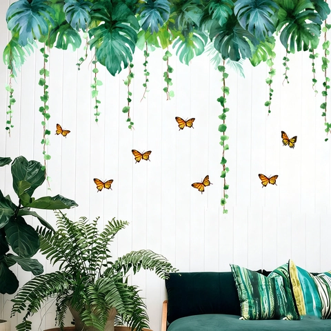 Tropical Green Monstera Leaves Vine Butterfly Wall Sticker Watercolor Waterproof PVC Wall Decal For Living Room Home Decor