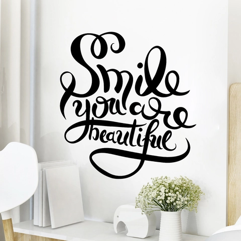 Smile You Are Beautiful Quote Wall Sticker Waterproof PVC Self Adhesive Artistic Lettering Decal For Bedroom Home Decor