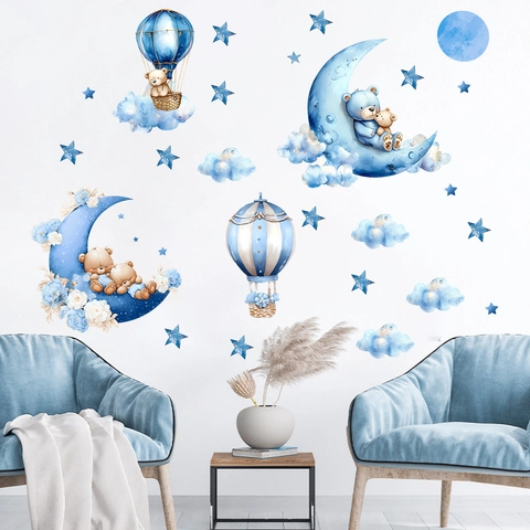 Adesivo Murale Orso Cartone Animato Luna Mongolfiera Impermeabile PVC Autoadesivo Decalcomania per Camera Bambini Casa