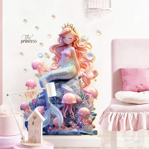 Cartoon Mermaid Undersea World Wall Sticker For Kids Room Bedroom PVC Waterproof 3D Effect Jellyfish Bubbles Princess Wall Decal Home Decor