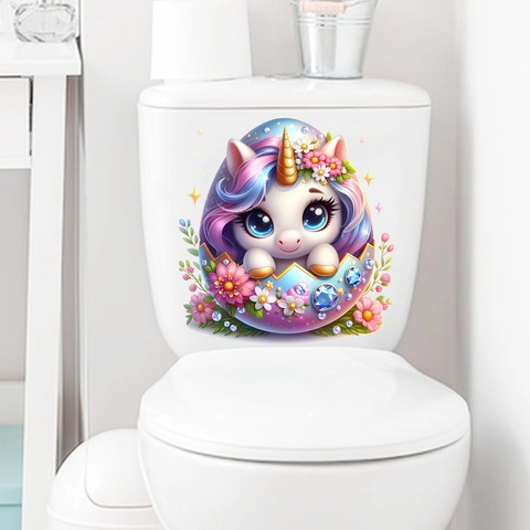 Pegatina para Inodoro de PVC Unicornio de Dibujos Animados en Huevo Floral Impermeabile Autoadhesivo Decoración de Baño