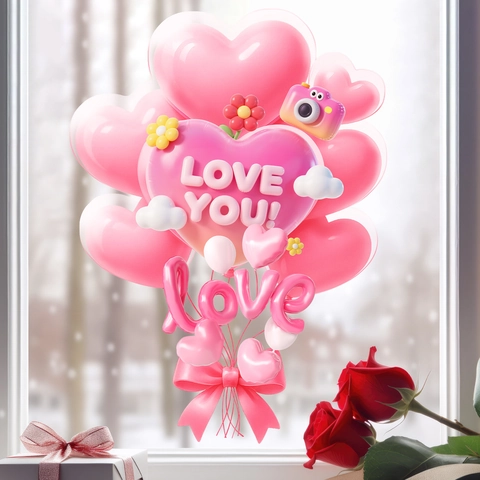 Pegatina de Ventana 3D de San Valentino Corazón Rosa Romántico Love You Calcomanía Estática para Puerta de Vidrio Decoración