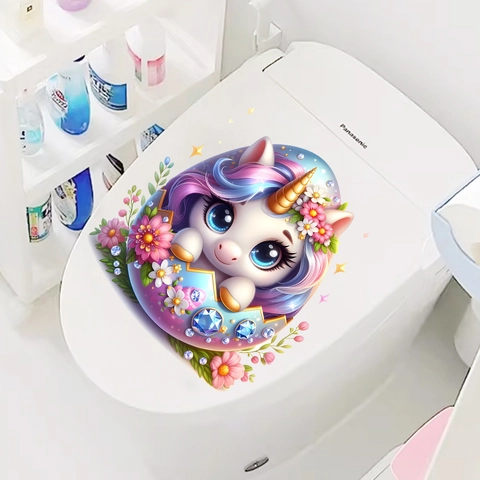 Pegatina para Inodoro de PVC Unicornio de Dibujos Animados en Huevo Floral Impermeabile Autoadhesivo Decoración de Baño