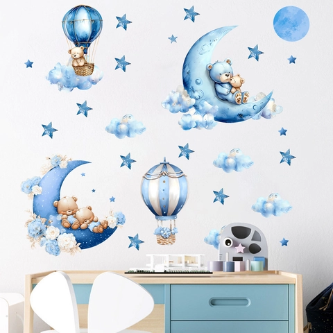 Cartoon Bär Mond Heißluftballon Wandtattoo Wasserdicht PVC Selbstklebend Wandaufkleber Für Kinderzimmer Schlafzimmer Deko