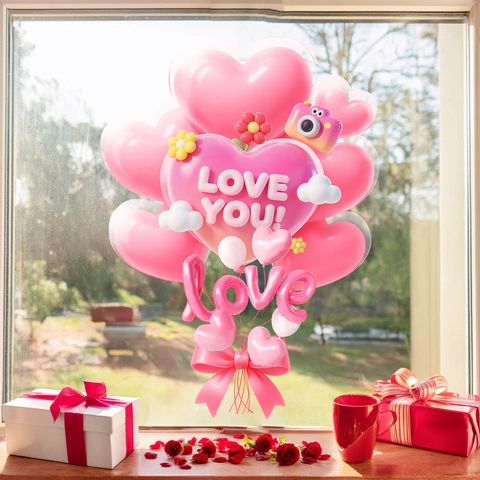 Pegatina de Ventana 3D de San Valentino Corazón Rosa Romántico Love You Calcomanía Estática para Puerta de Vidrio Decoración