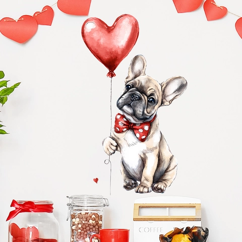 Watercolor French Bulldog Heart Balloon Wall Sticker Valentine's Day Removable PVC Decal For Bedroom Living Room Home Decor