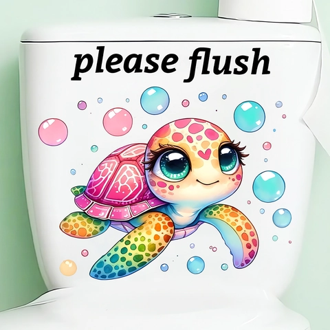 Cartoon Meeresschildkröte Toilettensitz Aufkleber PVC Wasserdicht Selbstklebend Bitte Spülen Schild Wandtattoo Bad Deko