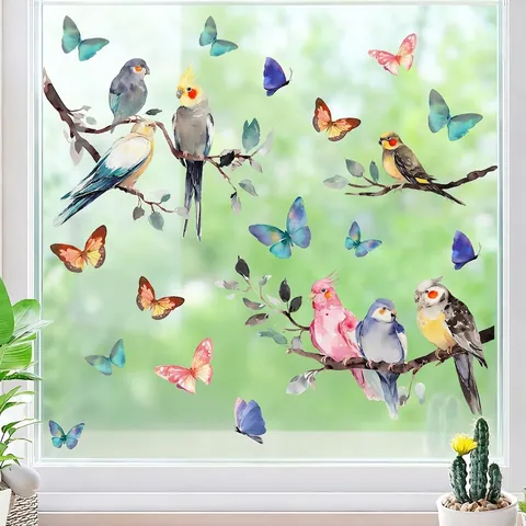Adhesivos Estáticos para Ventanas de Pájaros y Mariposas en Acuarela Calcomanías de Vidrio Extraíbles para Decoración del Hogar