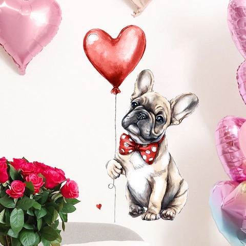 Watercolor French Bulldog Heart Balloon Wall Sticker Valentine's Day Removable PVC Decal For Bedroom Living Room Home Decor