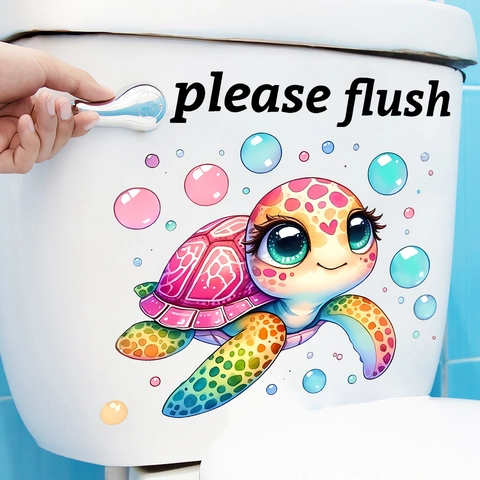 Cartoon Meeresschildkröte Toilettensitz Aufkleber PVC Wasserdicht Selbstklebend Bitte Spülen Schild Wandtattoo Bad Deko