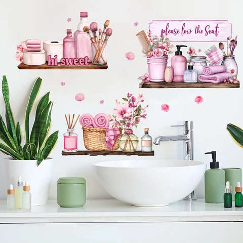 Stickers Muraux Salle de Bain Rose Aquarelle Pinceau Maquillage Serviette Peint à la Main PVC Autocollant Décoration Maison