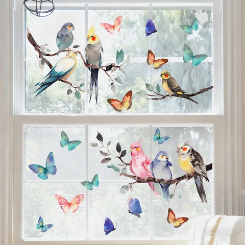 Adhesivos Estáticos para Ventanas de Pájaros y Mariposas en Acuarela Calcomanías de Vidrio Extraíbles para Decoración del Hogar
