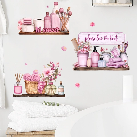 Stickers Muraux Salle de Bain Rose Aquarelle Pinceau Maquillage Serviette Peint à la Main PVC Autocollant Décoration Maison
