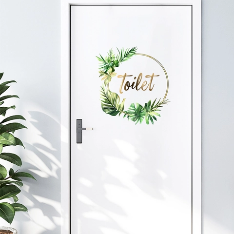 Adhesivo de Pared Señal de Toilet Hojas Tropicales Hexágono Geométrico Dorado PVC Impermeable Autoadhesivo Decoración Hogar
