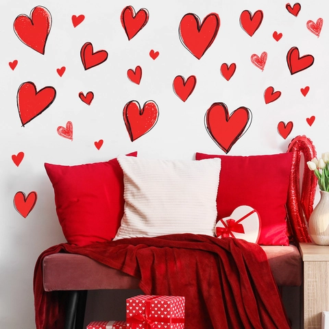 Romantische Valentinstag Herz Wandtattoo Rote Herz Aufkleber Für Schlafzimmer Wohnzimmer PVC Selbstklebende DIY Wanddeko