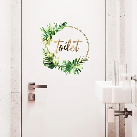 Adhesivo de Pared Señal de Toilet Hojas Tropicales Hexágono Geométrico Dorado PVC Impermeable Autoadhesivo Decoración Hogar