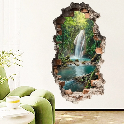 3D Waterval Bos Landschap Muursticker Gebroken Muur Ontwerp Zelfklevend Waterdicht PVC Decoratie Voor Woonkamer Huis