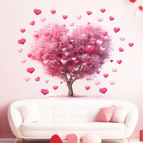 Romantic Valentine's Day Pink Heart Tree Wall Sticker PVC Removable 3D Effect Heart Decal For Bedroom Living Room Decor