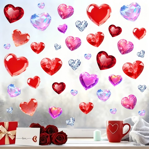 Herz Diamant Textur Fensteraufkleber Valentinstag Dekoration PVC Statische Haftung Glasaufkleber Für Wohnzimmer Romantische Deko