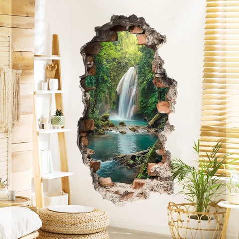 3D Waterval Bos Landschap Muursticker Gebroken Muur Ontwerp Zelfklevend Waterdicht PVC Decoratie Voor Woonkamer Huis