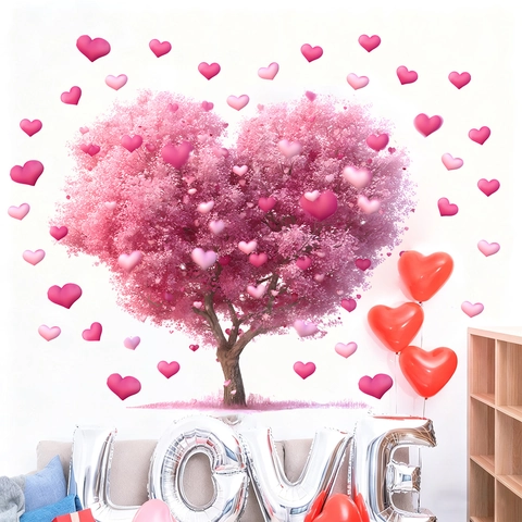 Romantic Valentine's Day Pink Heart Tree Wall Sticker PVC Removable 3D Effect Heart Decal For Bedroom Living Room Decor