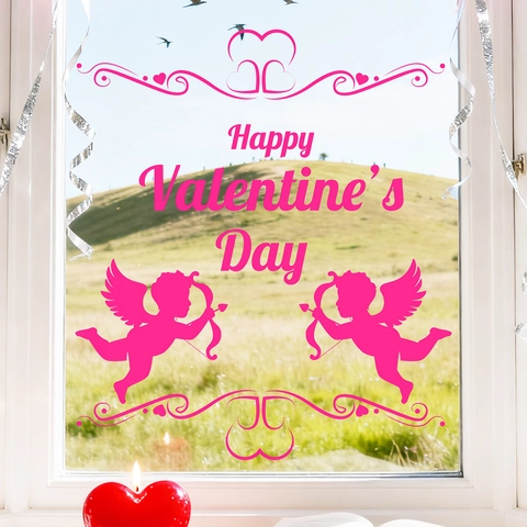 Valentinstag Engel Cupid Fensteraufkleber Rosa Herz Statische Haftung Abnehmbare Glasdeko Für Hochzeit Zuhause Party Dekoration