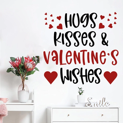 Adesivo Murale San Valentino Romantico Scritta Hugs Kisses Wishes Motivo a Cuore PVC Decalcomania Rimovibile Decorazione Casa