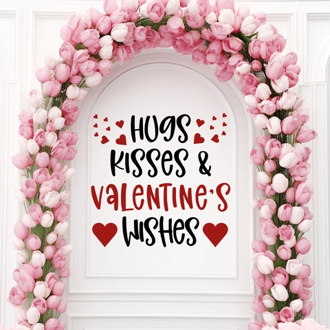 Adesivo Murale San Valentino Romantico Scritta Hugs Kisses Wishes Motivo a Cuore PVC Decalcomania Rimovibile Decorazione Casa