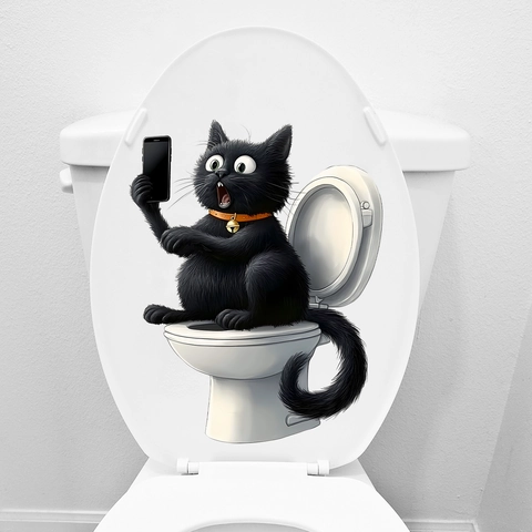 Divertente Gatto Nero Seduto Sul Water Con Telefono Impermeabile PVC Autoadesivo Bagno Coperchio WC Decor Adesivo da Parete