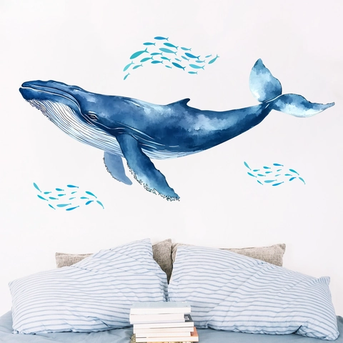 Blauwe Aquarel Walvis En Vis Muursticker PVC Verwijderbare Zeedieren Muurstickers Voor Slaapkamer Badkamer Woonkamer Decoratie