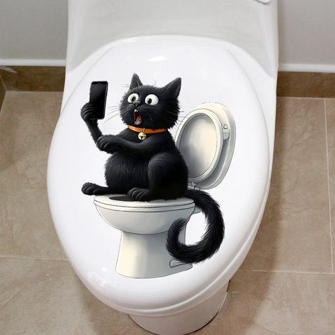 Divertente Gatto Nero Seduto Sul Water Con Telefono Impermeabile PVC Autoadesivo Bagno Coperchio WC Decor Adesivo da Parete