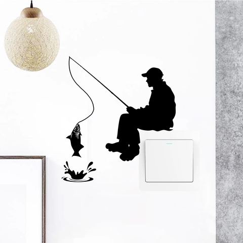 Kreative Angler Silhouette Wandtattoo Schwarz PVC Angelszene Schalter Aufkleber Für Wohnzimmer Schlafzimmer Home Deko