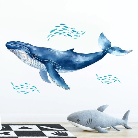 Blauwe Aquarel Walvis En Vis Muursticker PVC Verwijderbare Zeedieren Muurstickers Voor Slaapkamer Badkamer Woonkamer Decoratie