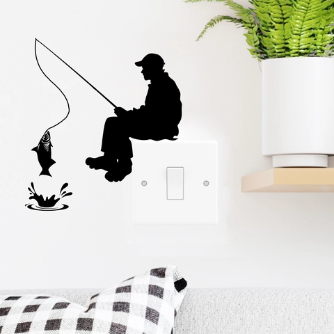 Kreative Angler Silhouette Wandtattoo Schwarz PVC Angelszene Schalter Aufkleber Für Wohnzimmer Schlafzimmer Home Deko
