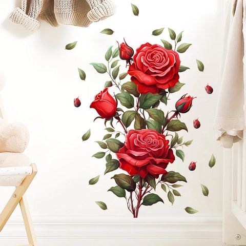 Sticker Mural Rose Rouge PVC Motif Floral Décalcomanie Pour Salon Chambre Bureau Maison Décor Impression Haute Définition Imperméable