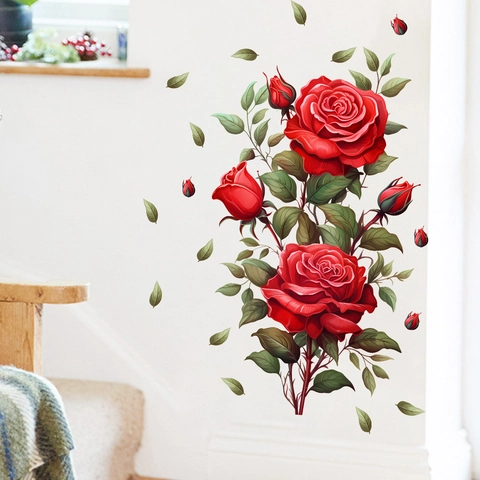 Sticker Mural Rose Rouge PVC Motif Floral Décalcomanie Pour Salon Chambre Bureau Maison Décor Impression Haute Définition Imperméable