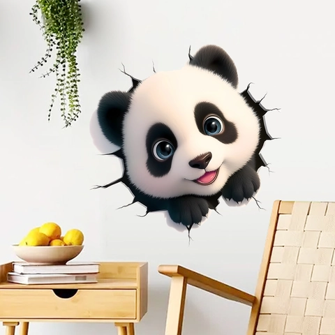 3D Broken Wall Panda Wall Sticker Cartoon Animal Self-Adhesive PVC Decal For Kids Room Bedroom Living Room Home Decoration