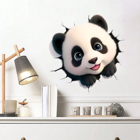 3D Broken Wall Panda Wall Sticker Cartoon Animal Self-Adhesive PVC Decal For Kids Room Bedroom Living Room Home Decoration