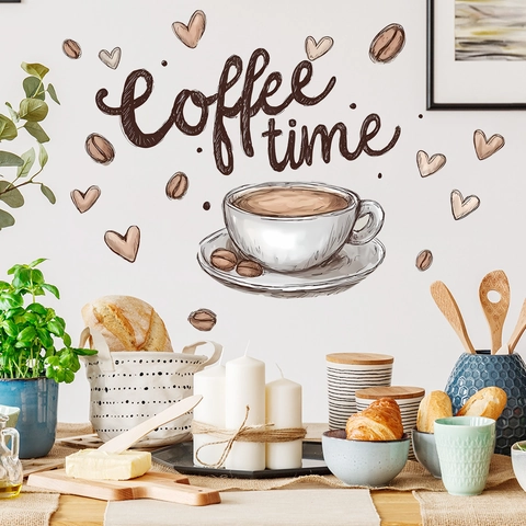 Pegatinas De Pared Coffee Time DIY Extraíbles De PVC Taza De Café Granos Corazón Calcomanías De Pared Para Cocina Cafetería