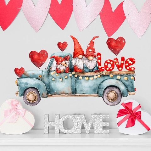 Autocollants Muraux Saint-Valentin Gnome Aquarelle Camion Bleu PVC Auto-Adhésif Cœur Amour Décoration pour Chambre Salon