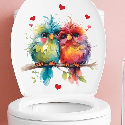 Sticker de Toilette Oiseaux Dessin Animé Cœur Imperméable PVC Auto-adhésif Décalcomanie Murale pour Salle de Bain Maison Décoration