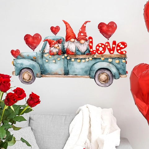 Autocollants Muraux Saint-Valentin Gnome Aquarelle Camion Bleu PVC Auto-Adhésif Cœur Amour Décoration pour Chambre Salon