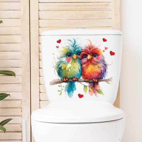 Sticker de Toilette Oiseaux Dessin Animé Cœur Imperméable PVC Auto-adhésif Décalcomanie Murale pour Salle de Bain Maison Décoration