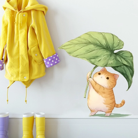 Cartoon Cute Cat Holding Leaf Umbrella PVC Wall Sticker Waterproof Self-Adhesive Art Decal For Bathroom Bedroom Kids Room Decor