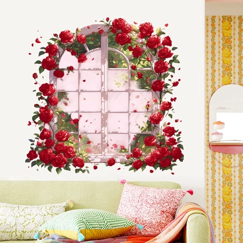 Adesivo da Parete 3D Romantico Con Rose Rosse e Finestra Decalcomania Murale in PVC Con Vista Finestra Fiorita per Soggiorno Casa