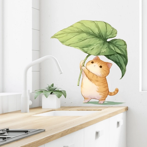 Cartoon Cute Cat Holding Leaf Umbrella PVC Wall Sticker Waterproof Self-Adhesive Art Decal For Bathroom Bedroom Kids Room Decor