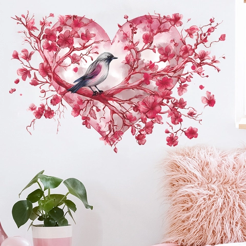 Sticker Mural Romantique Coeur Rose Branche de Cerisier Oiseau PVC Auto-adhésif Style Fille Chambre Salon Décoration